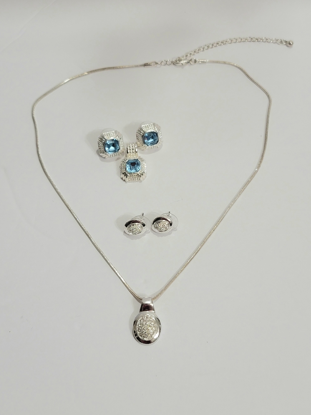 Silver-Tone Blue Crystal and Silver Pendant Necklace Set